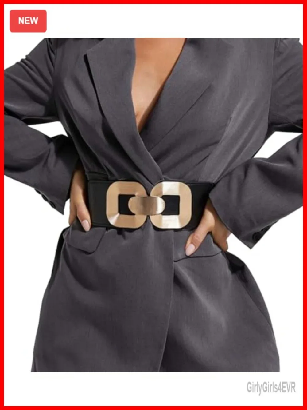 Wide Elastic Belt with Gold Metal Buckle - Stretchy Waist Belt for Dresses